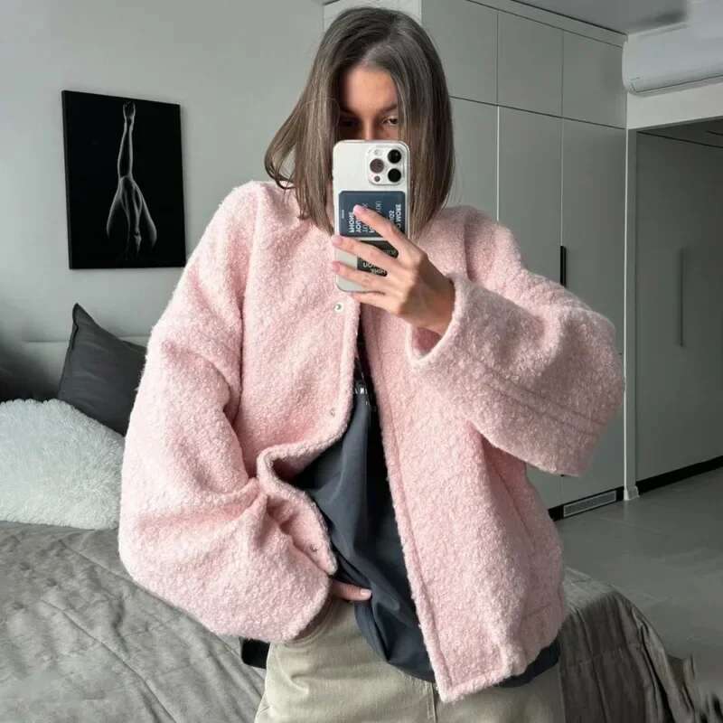 Designer Clothes Talenza Women's Pink Short Fur Autumn Loose Fashion Long Sleeve Top Casual Stand Collar Pocket Button Warm Jacket