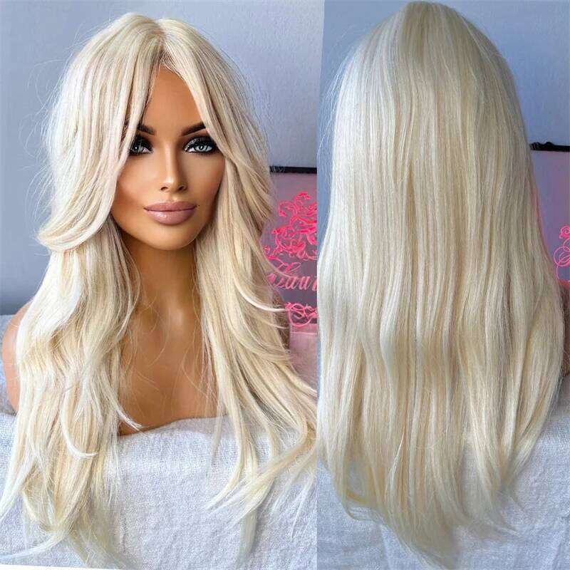 Natural Icy White Blonde Synthetic Wig Transparent Lace Frontal Wigs For Women Long Straight Hair TopSale