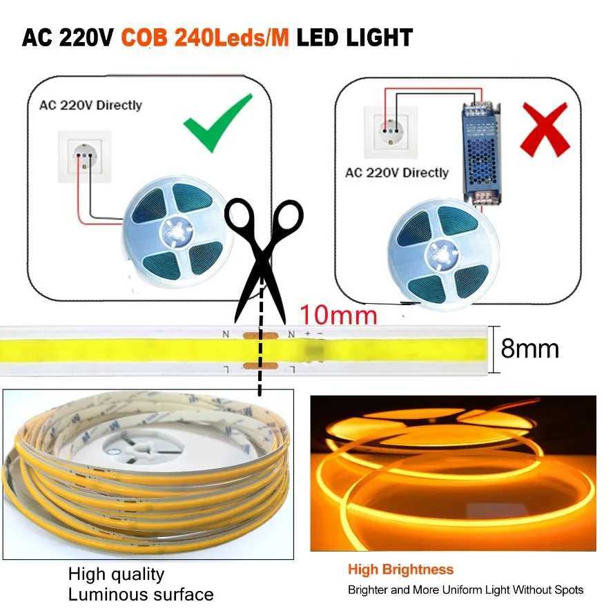 10-1m Multicolour COB LED Strip Light 220V Flexible Tape Light Smart IC No Need Driver High Bright 240 LEDs Linear Lighting RA95 W251112