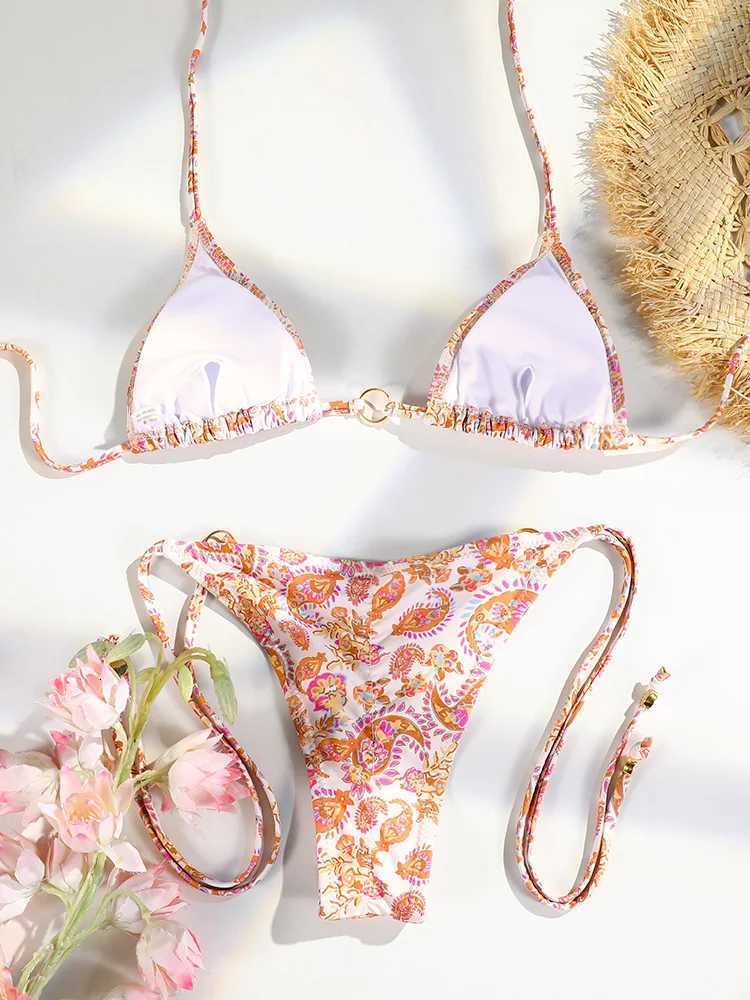 Sexy Triangle Micro Bikini Sets Thongs Chains Swimsuit Women Bathing Suit Biquini Bandage Beachwear Print Swimwear Thong BikiniW251113