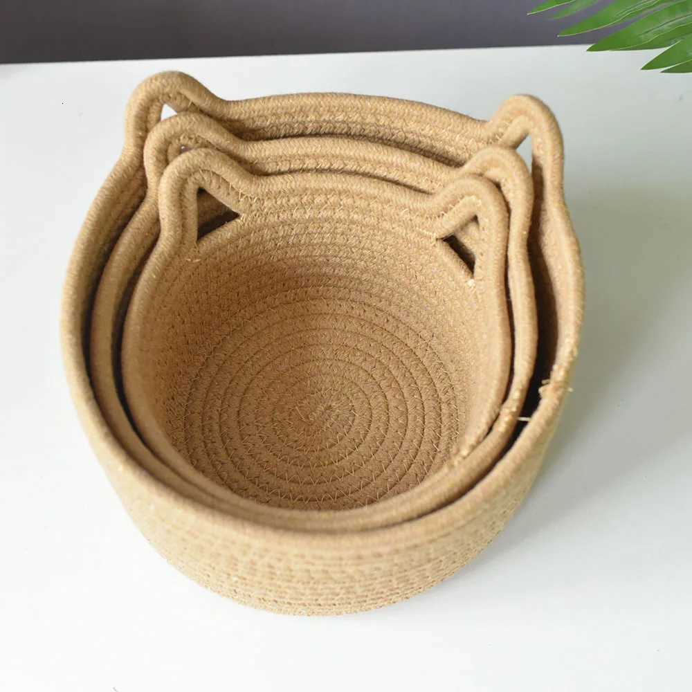 Cat Ear Storage Basket Handwoven Cotton Rope Round Bin Cute He Organization for Bedro Natural Style Y251112