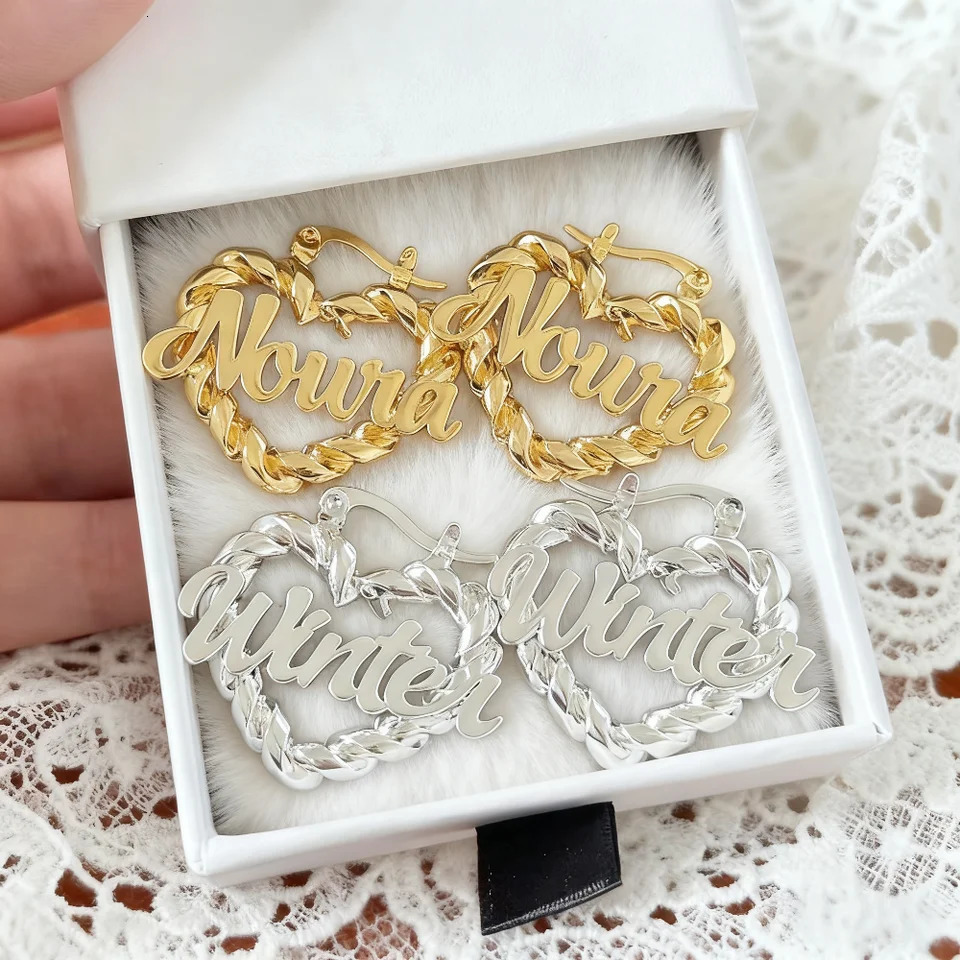 DUOYING Custom Name Twist Hoop Earrings Heart Personalised Nameplate Stainless Steel Jewelry 251112
