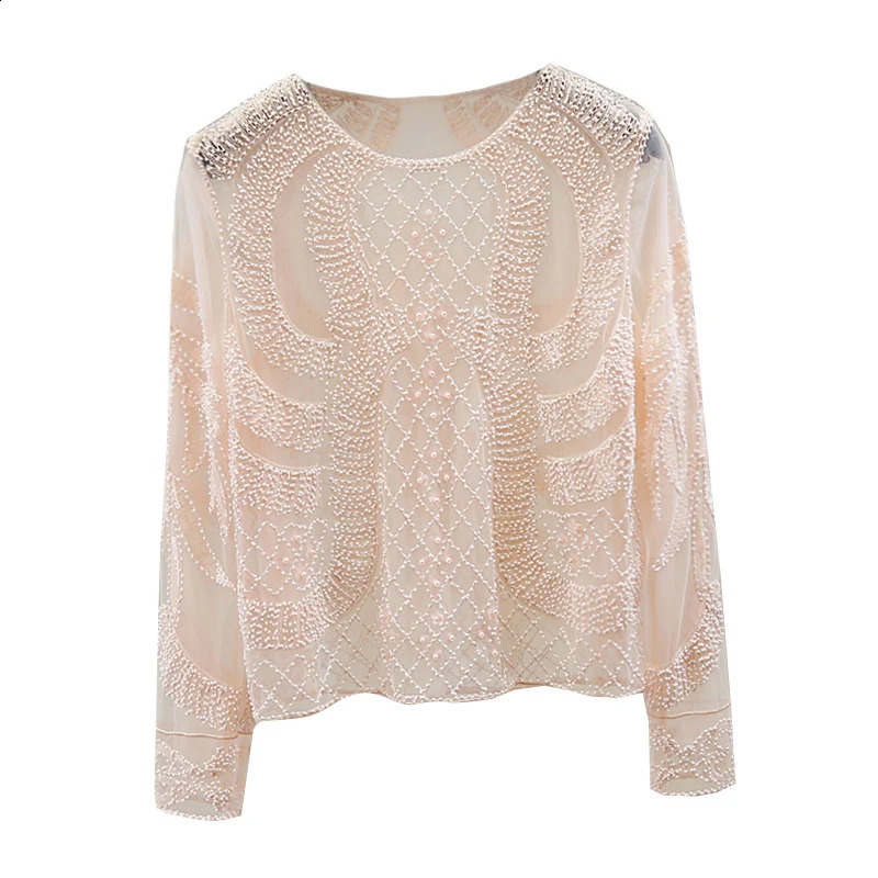 Autumn 2color retro sequin bead straight Oneck long sleeved slim fit casual womens Tshirt 8075 250407