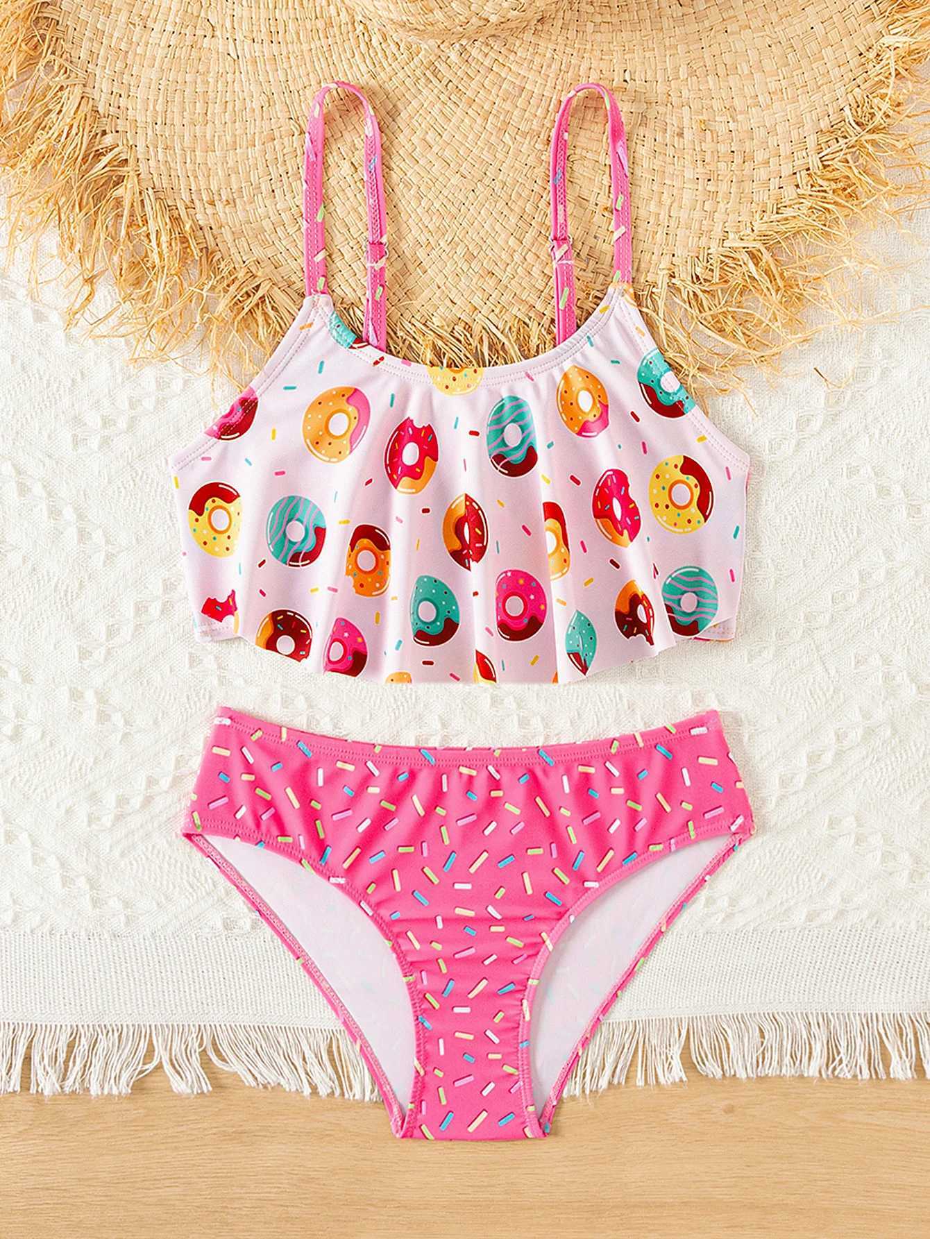 Donut Print Ruffle Deco Girls Kids Bikini Set Summer Beach Outdoor Cute 2-piece swimwear Contrast Adjustable Girls Kids SwimsuitW251113