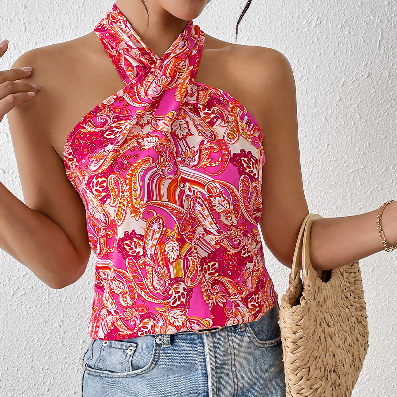 Stylish and sexy colored camisole for summer vacation sleeveless cross neck top