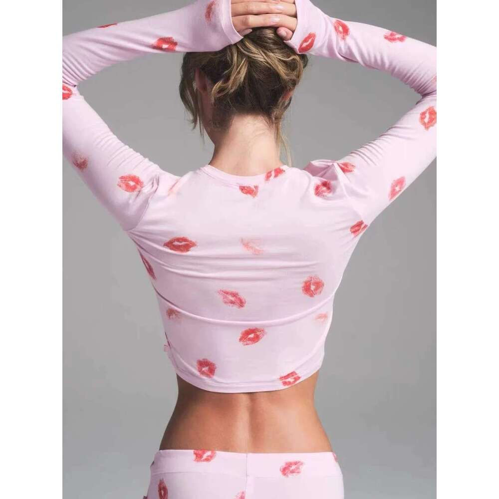 Women's Wear Ski New Valentine's Day Series Red Lips Print Sleeve T-Shirt Long Pants Slim Fit Pamas Set