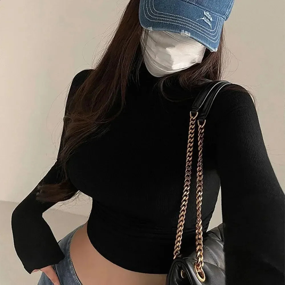 Womens long sleeved turtle neck Tshirt ribbed tight knit sexy slim fit casual womens basic crop top cut 250407