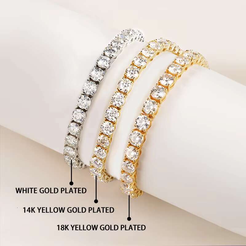 Wholesales Moissanite Tennis Link Bracelet White Gold Yellow Gold Metal 3mm 4mm 5mm 6mm Moissanite Tennis Chain Bracelet