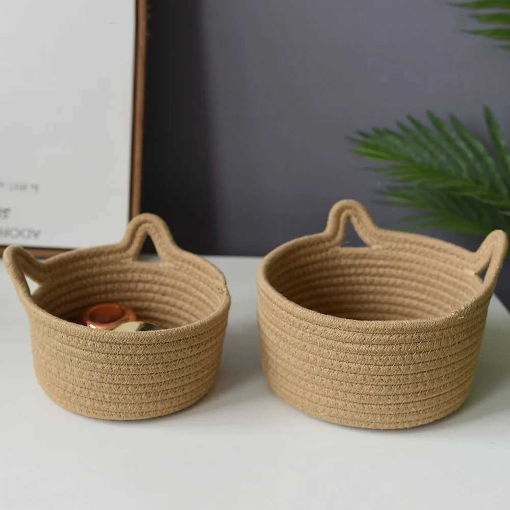 Cat Ear Storage Basket Handwoven Cotton Rope Round Bin Cute He Organization for Bedro Natural Style Y251112