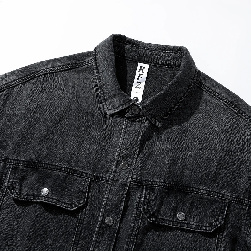 Retro mens long sleeved cargo denim shirt jacket street casual jacket oversized workwear with patch pockets 250411