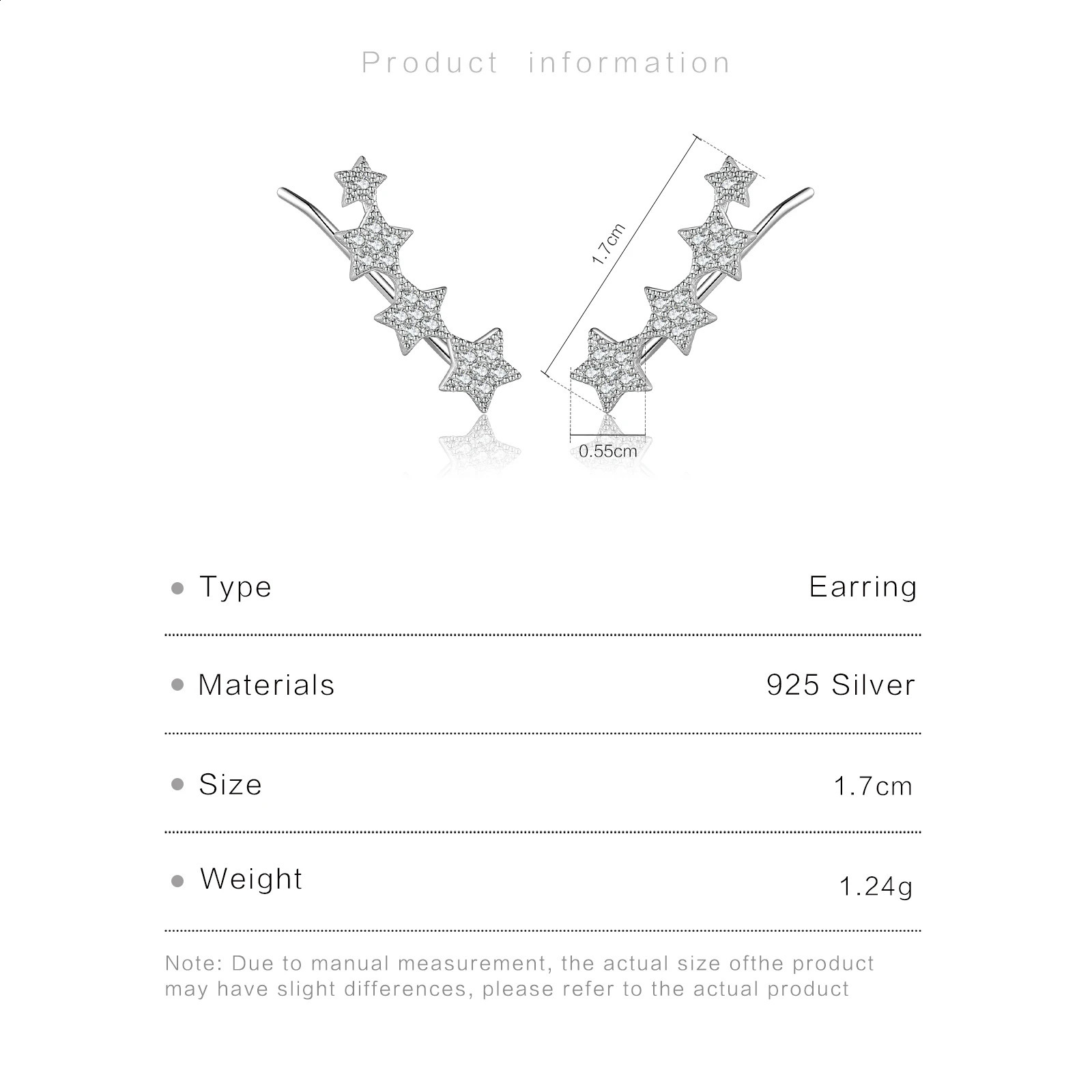Vewant Womens 925 Pure Silver Star Zircon CZ Climbing Stud Earrings Wedding Anniversary Gift Jewelry 250409