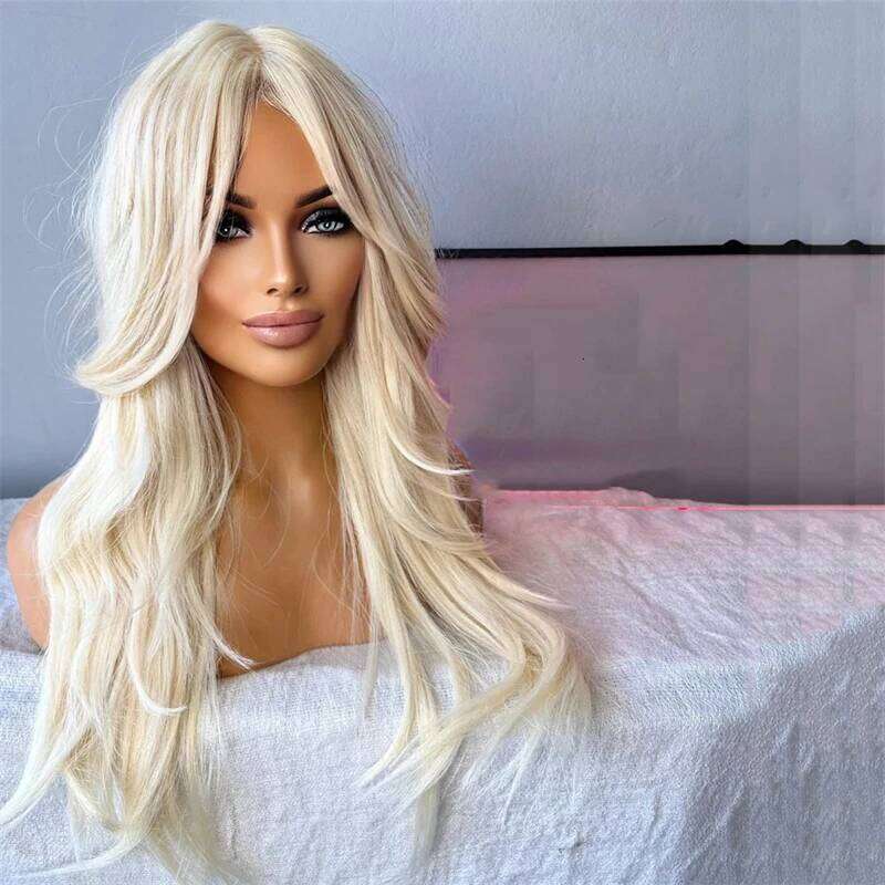 Natural Icy White Blonde Synthetic Wig Transparent Lace Frontal Wigs For Women Long Straight Hair TopSale