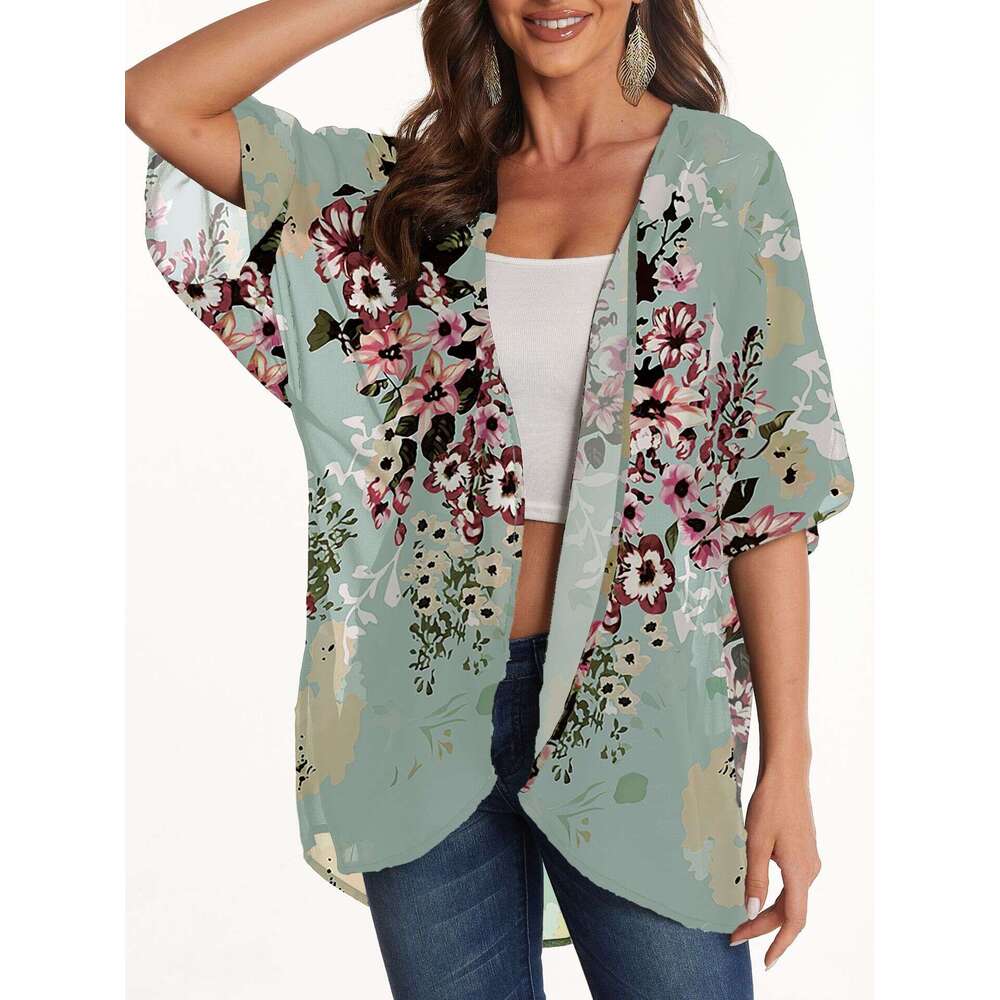 Women's Sunscreen Cover Up Printed Chiffon Top And Kimono Cardigan