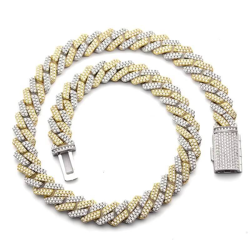 Hip Hop Iced Out Two Tone Moissanite Cuban Chain 12mm 925 Sterling Silver VVS Moissanite Cuban Link Chain