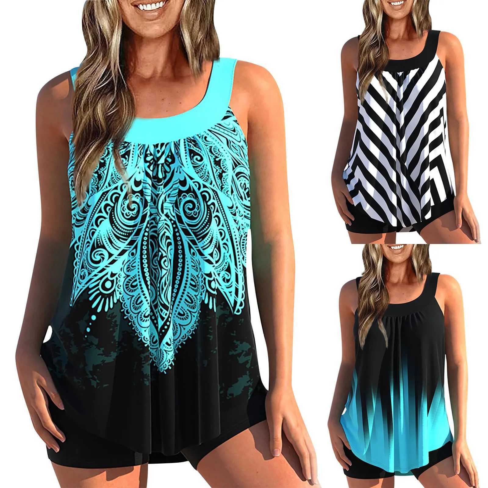 Two Piece Colorful Flower Print Strap Swimsuit Womens Sexy Layered Camisole Split Sport Beachwear Female Swimming Suit SummerW251113