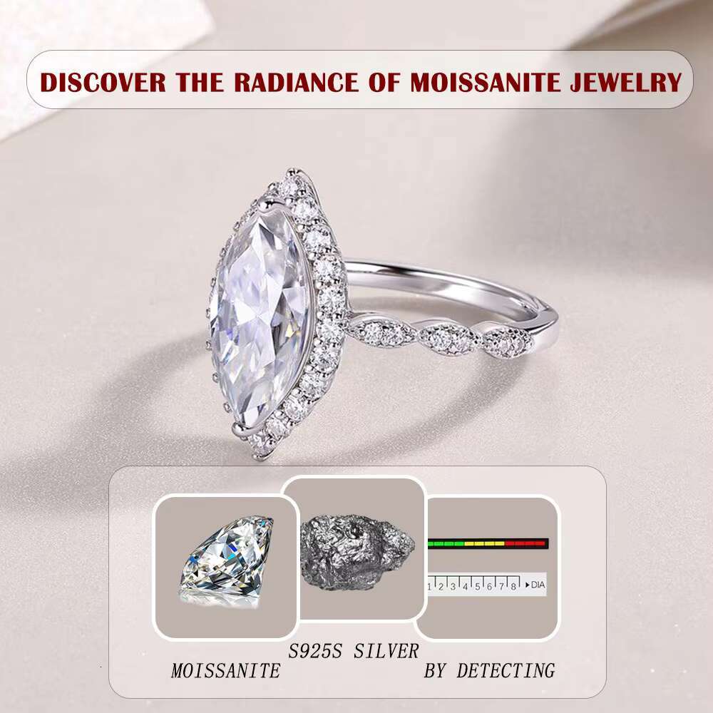 Marquise Cut Moissanite Rings for Women D Color VVS1 S925 Sterling Silver With 18K Gold Plating Elegant Jewelry