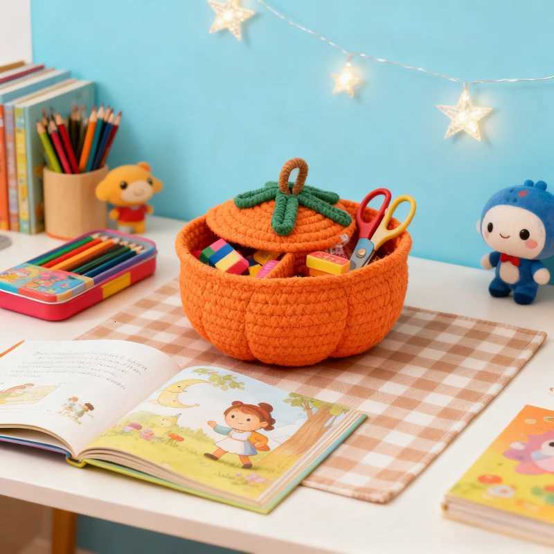Cotton Rope Pumpkin Large Capacity Storage Basket with Lid Dust-Proof Clutter Storage Box Suitable for Living Ro Bedro Y251112