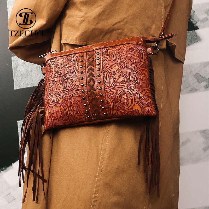 designer bag Bohemian style new tassel crossbody embossed shoulder high-end PU leather bag, women's bag