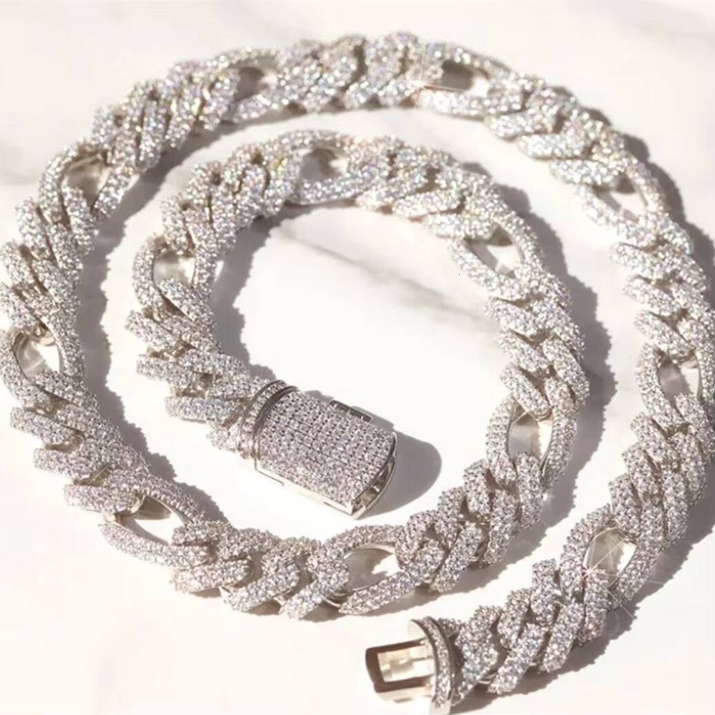 Hip Hop Jewelry Iced Out Prong Setting 13mm Silver VVS Moissanite Cuban Figaro Link Chain
