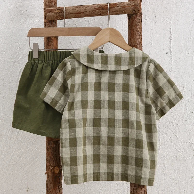 Retro Cotton Linen Green Plaid Shirt For Girls Summer Japanese Children College Style Tie Doll Collar Short-Sleeved T-Shirts 250411