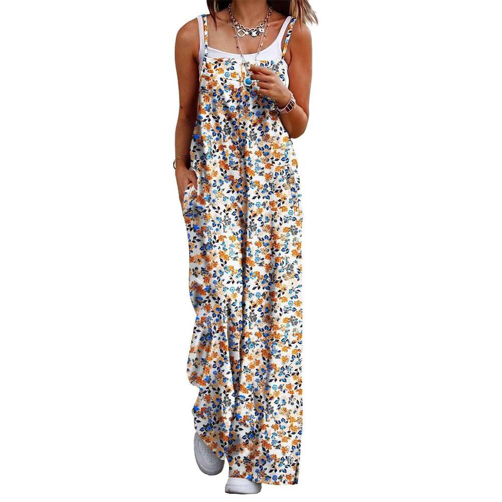 2024 new suspender printed pocket loose and versatile casual women's jumpsuit