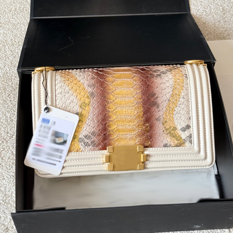 Women Stylish Boy Shoulder bag Tote Colorful Pleated Lizard Pattern Adjustable Shoulder Leather Strap Gold Hardware Metal Chain Buckle Makeup Handbag Sacoche 25cm