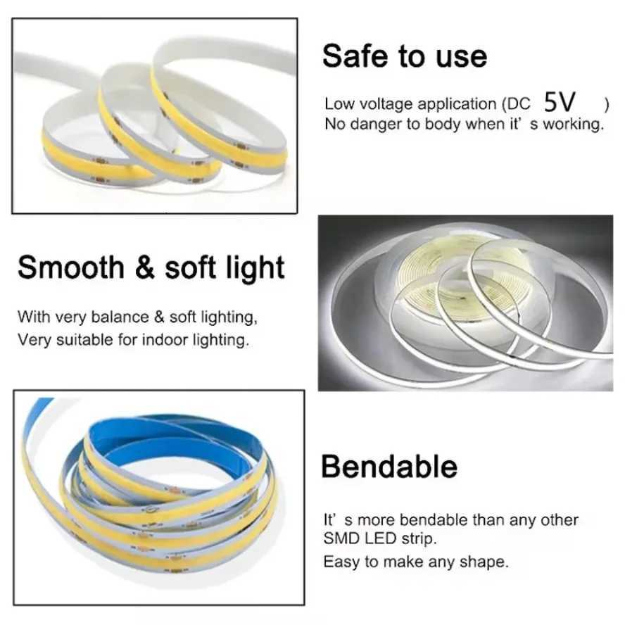5V USB COB Lamp Strip 320LEDs/M White/Red/Pink/Ice Blue/Yellow Cabinet Light Lamp TV Backlight Flexible Ribbon Rope LED Strip W251112