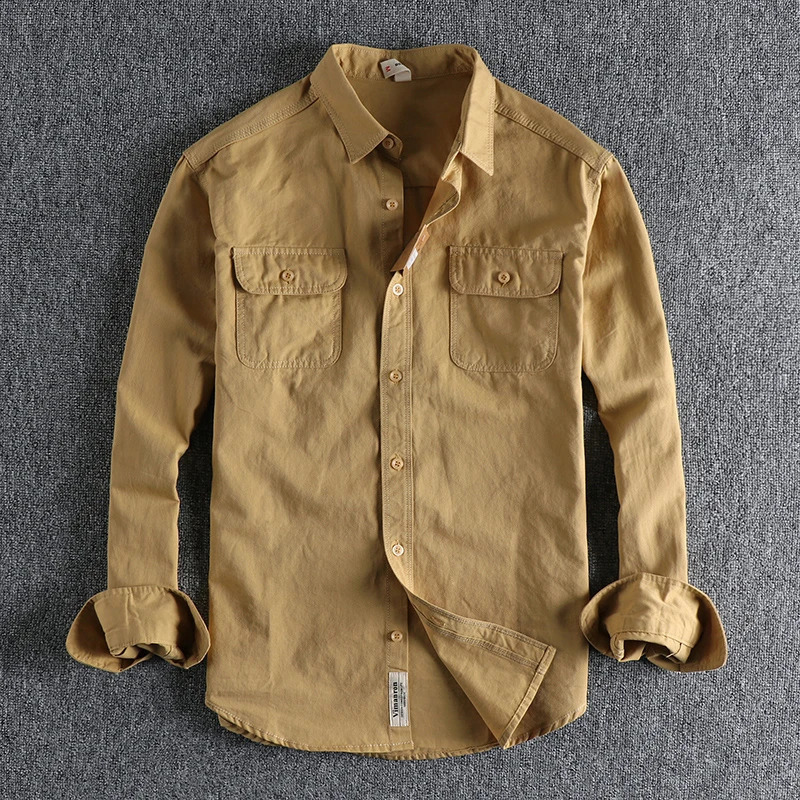 Autumn American Retro Twill Knitted Goods Shirt Mens Fashion Pure Cotton Washed Old Long Sleeve Double Pocket Casual Top 250411