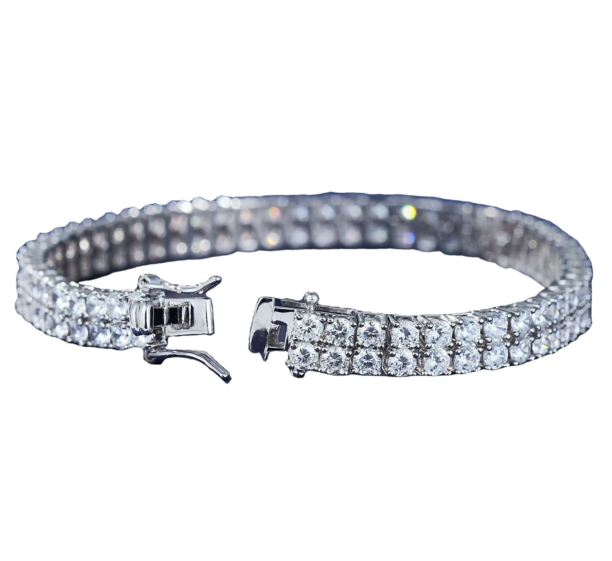 Unisex Luxury Hand Bracelet with 2 Rows 3mm 5A Moissanite Stones Silver Tennis Bracelet for Women