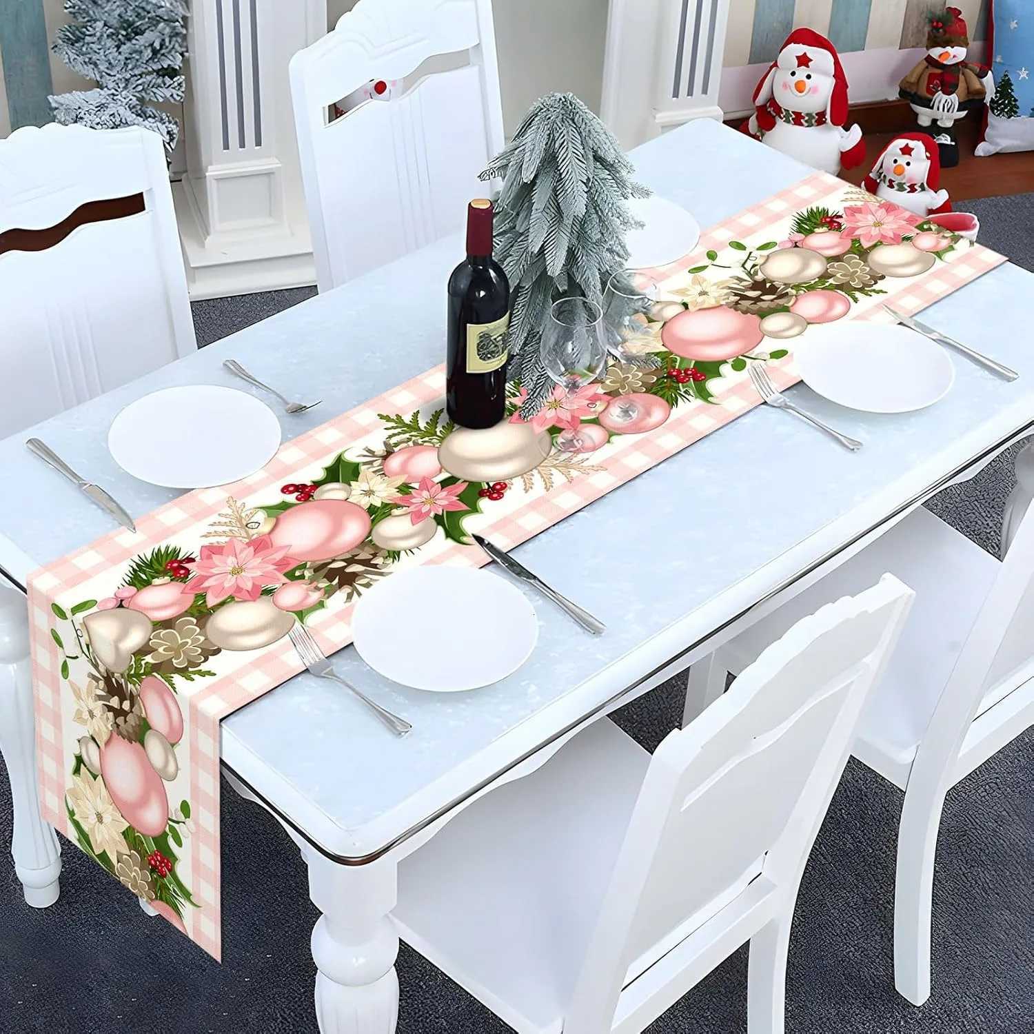 Christmas Pink and Silver Christmas Ball-Patterned Checkered Christmas table flag New Year home party decoration Y251113