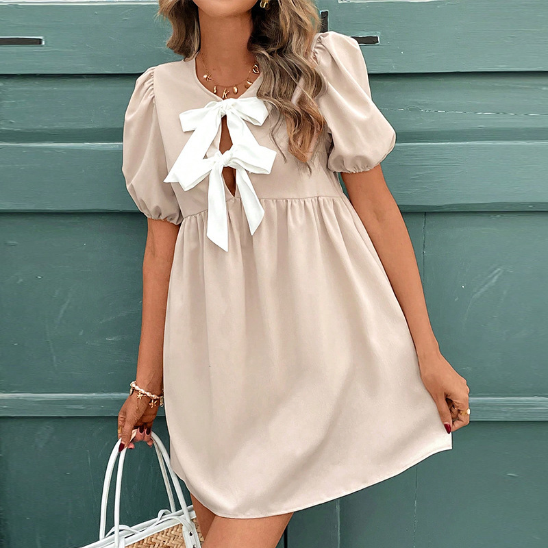 2025 Summer New Short sleeved Dress Design with Bow Collar and Bag Sleeve A-line Skirt for Women