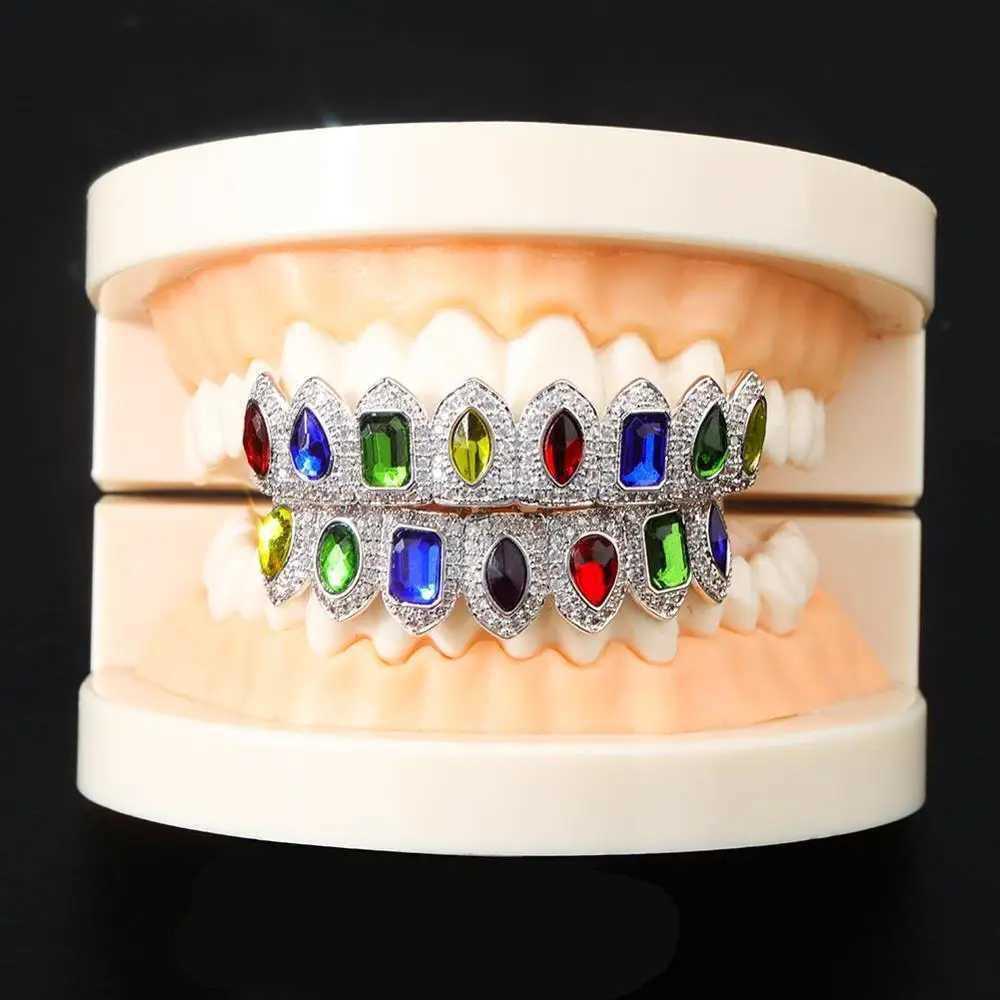 JINAO New Hip Hop Grill Set Gold and Silver Jewelry Cube Zirconia Hip Hop Teeth Grill Top and Bottom Grill Party GiftXJ250412
