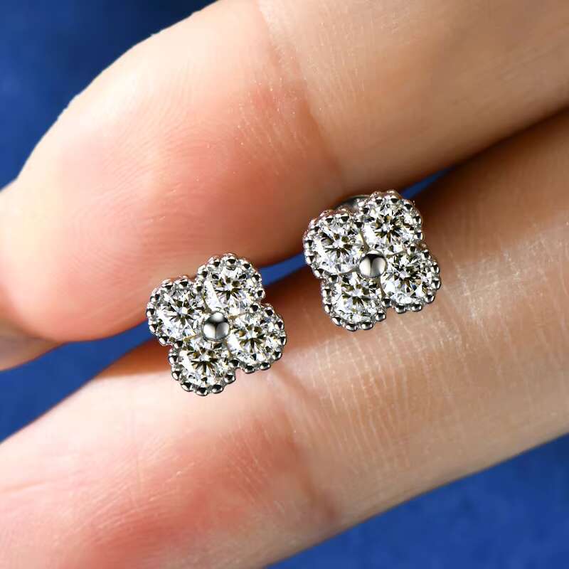 GRA Certificated 925 Sterling Silver Stud Earrings with Moissanite Lucky Four Leaf Clover Design for Womens Wedding Jewelry