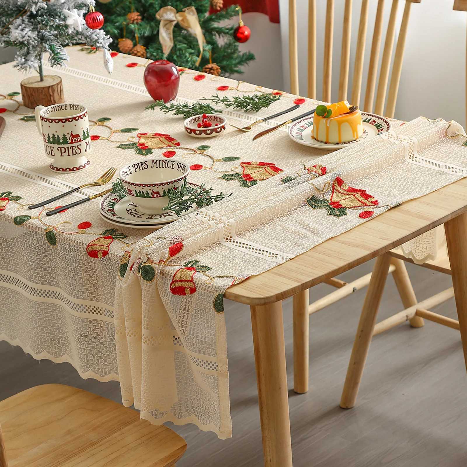 Christmas Christmas Lace Flower Tablecloth Embroidery Gauze Tablecloth Rectangular Party Dinner Decor Beige Tablecloth-7 Designs 3 Sizes Y251113