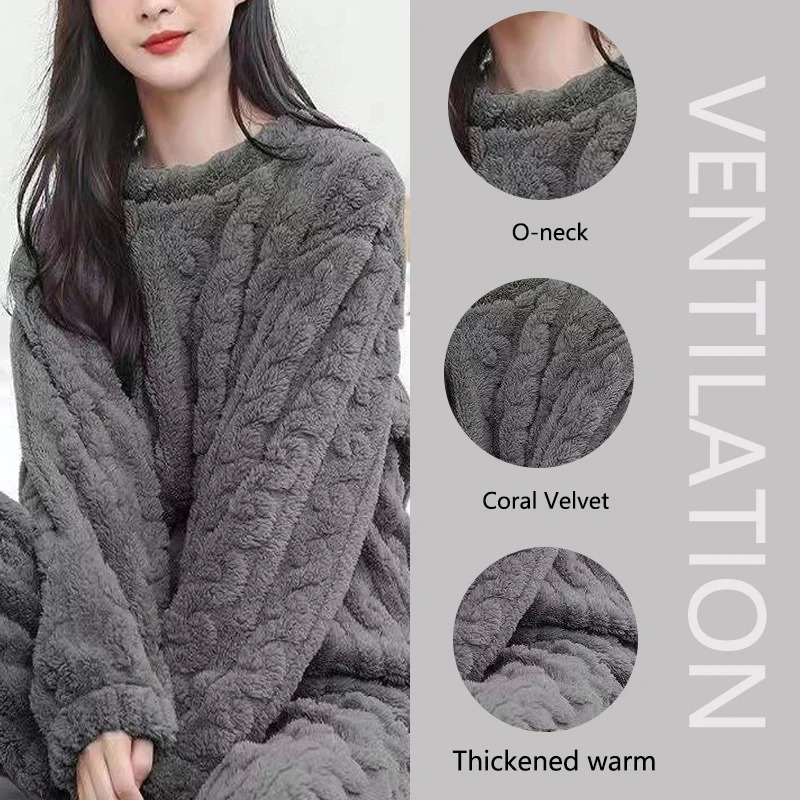 Thickened Warm Autumn and Winter Flannel Pajamas Women Long-Sleeved Solid Striped Homewear Black Plus Size School Loungewear 251112 - view 3