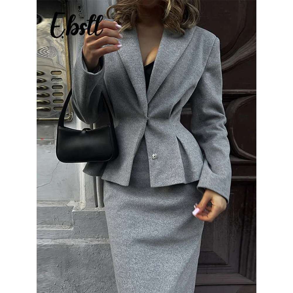 Slim Woolen Blazer Coat Skirts Set Women Grey Lapel Hidden Buckle Coats Hip Package Long Skirt 2025 New Female Elegant Outfits