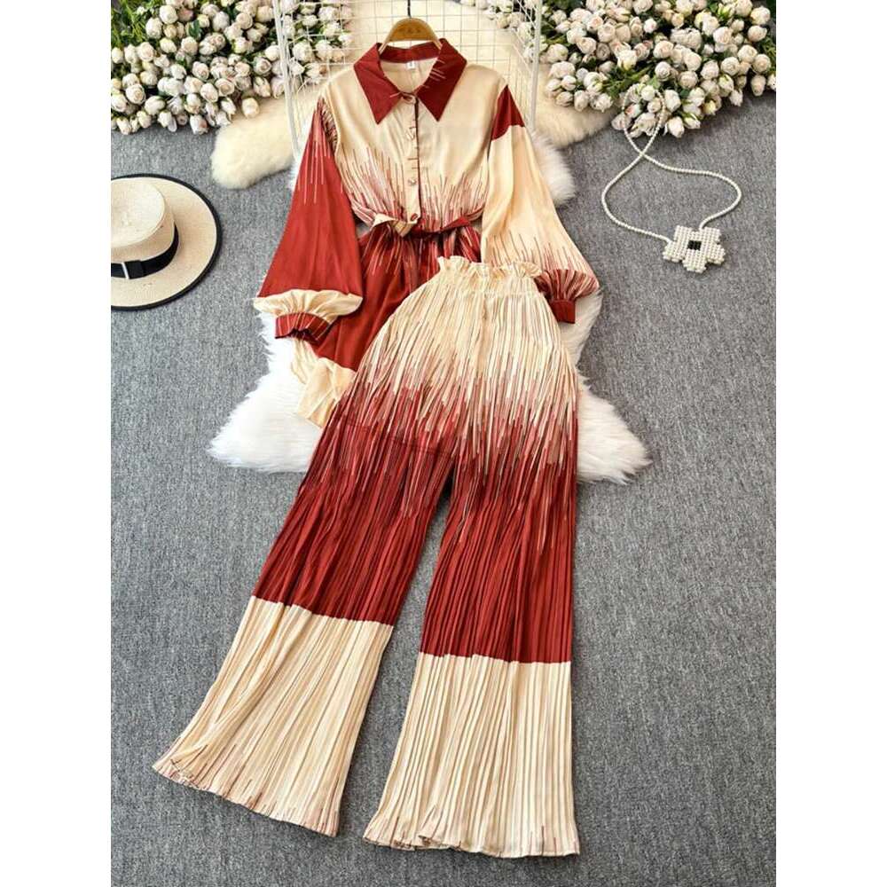 XFPV Women's Loose Lantern Sleeve Print Shirt Casual High Waist Pleated Cropped Pants Two-Piece Set Fashion Autumn 2025 Sm11745