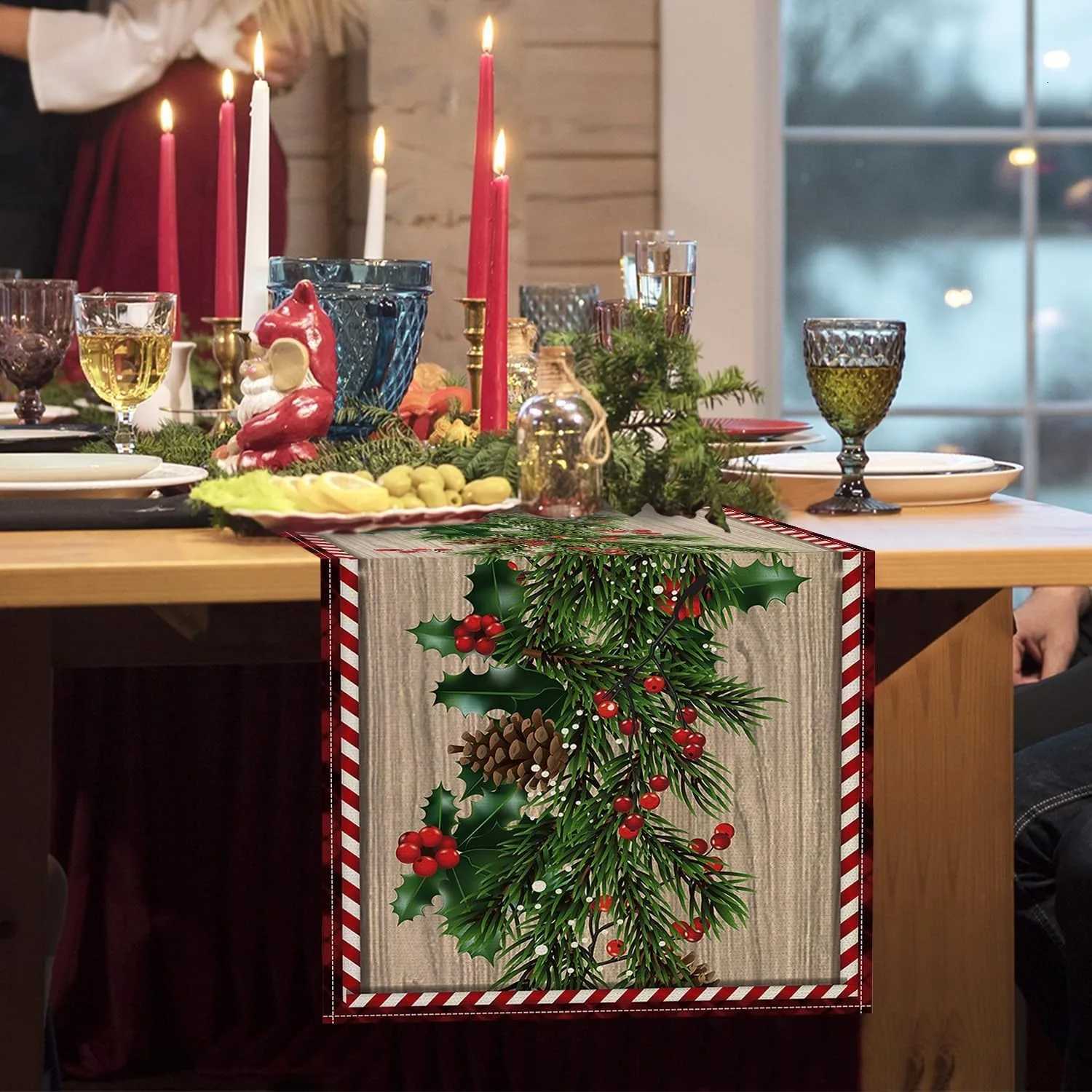 Christmas Festive Christmas table flag Pine Holly Berries Decor New Year home party decoration Y251113