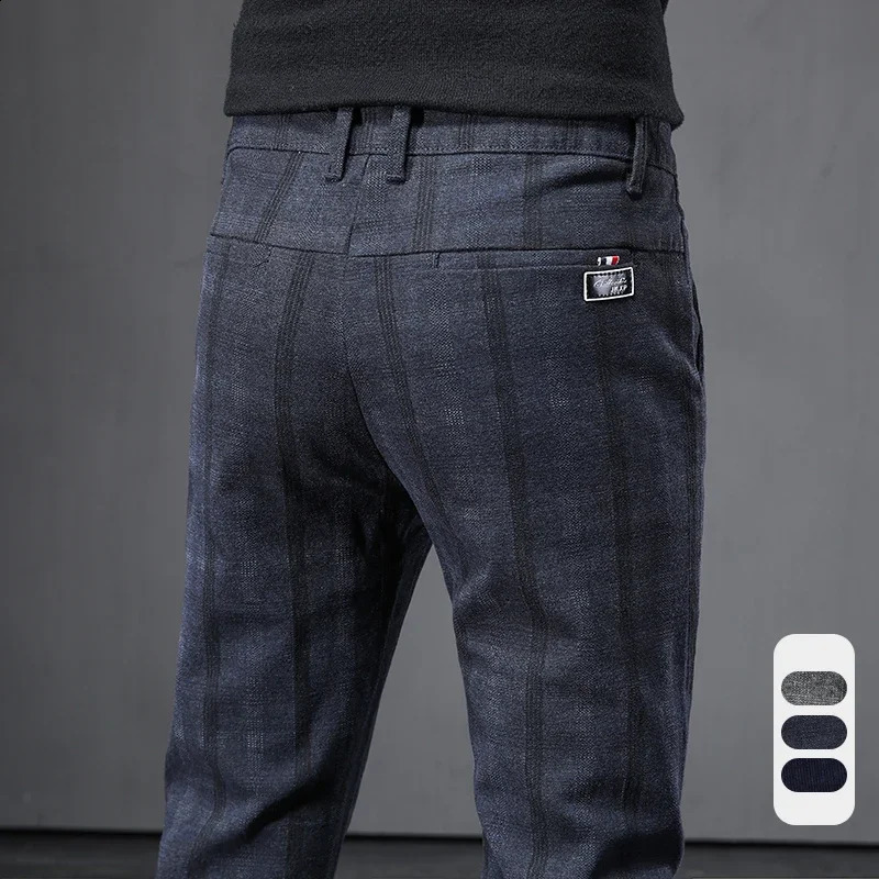 Autumn mens brushed flat bottom pants Korean style gray elastic straight slim fashion work pants blue and black men 250410