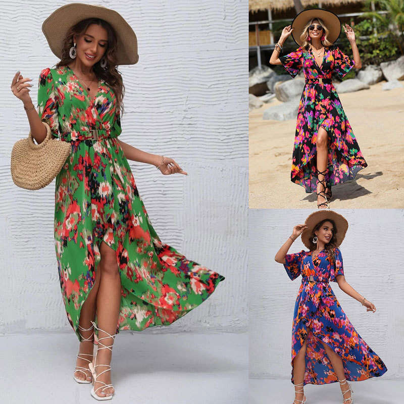 2025 Summer Bohemian V-Neck Strap Elastic Waist Irregular Dress Long