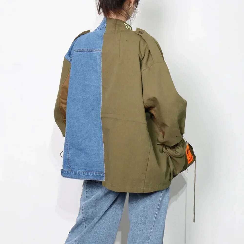 2024 New Women Spring Jacket Long Sleeve Fake Two Piece Denim Coat Autumn High Quality Lapel Patchwork Vintage