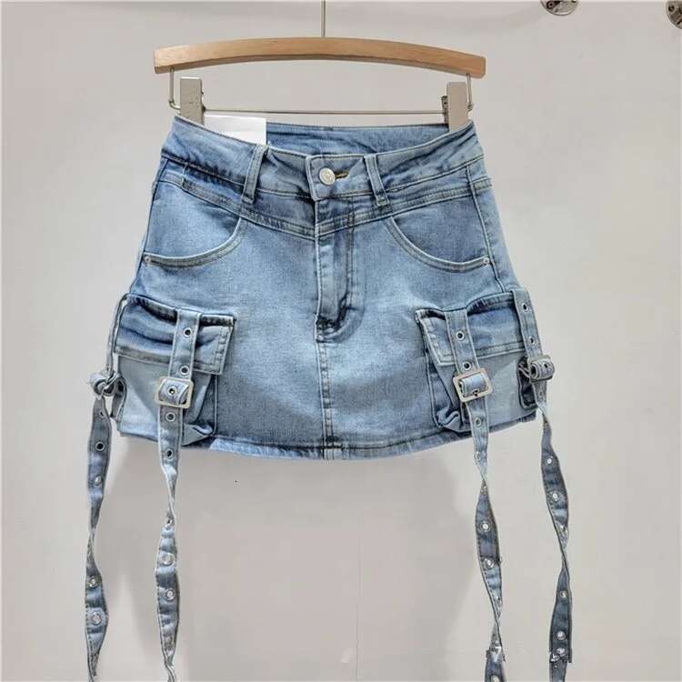 Womens Casual Multiple Pockets Denim Vintage Goth Y2k Mini Skirt 2024 New Fashion Women Skirts