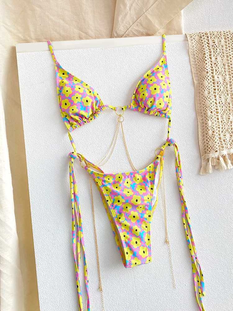 Sexy Triangle Micro Bikini Sets Thongs Chains Swimsuit Women Bathing Suit Biquini Bandage Beachwear Print Swimwear Thong BikiniW251113