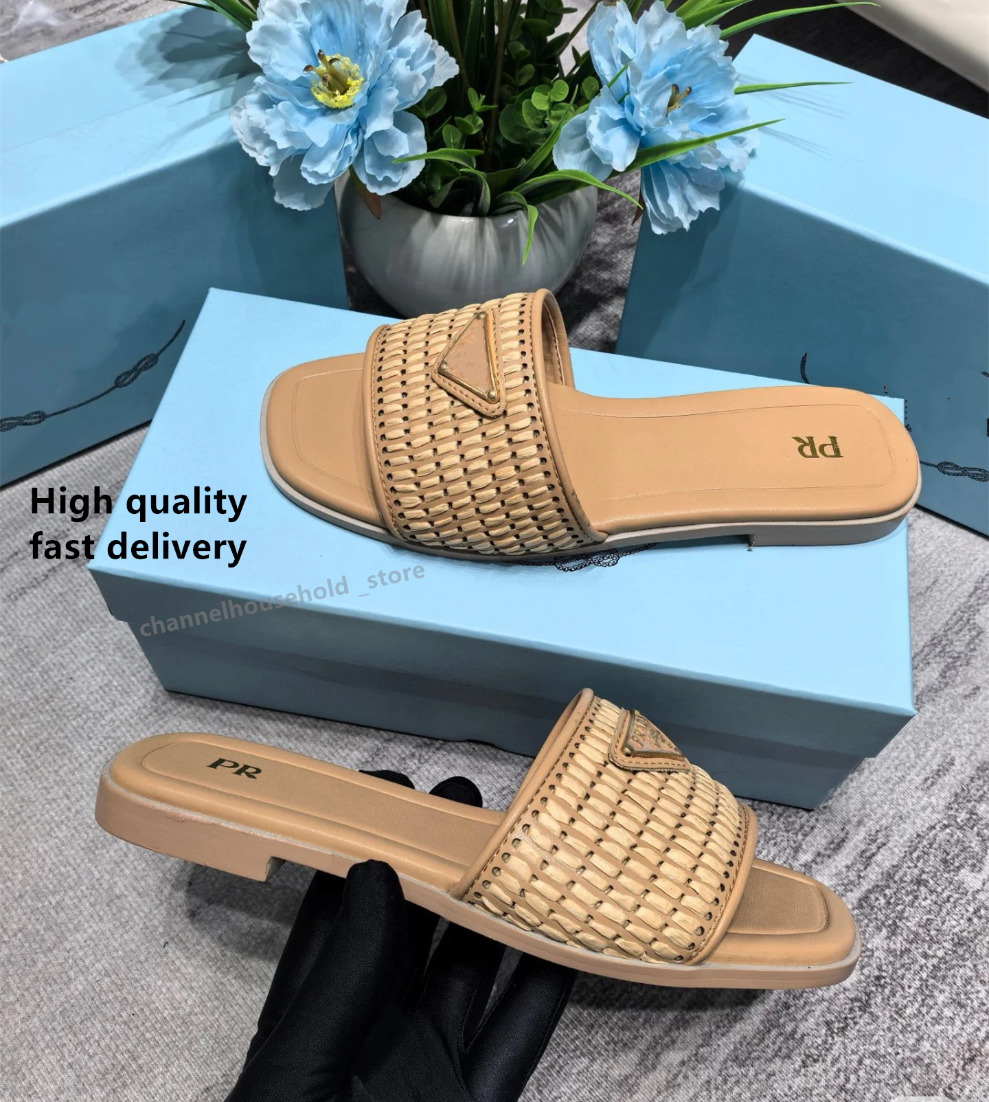 Milan Summer New Women's Round Head Flat Soled Non-slip Slippers Woman Fashion Luxury designer Slide Pra brown Straw Flats Sandals Female holiday Zapatos De Mujer h