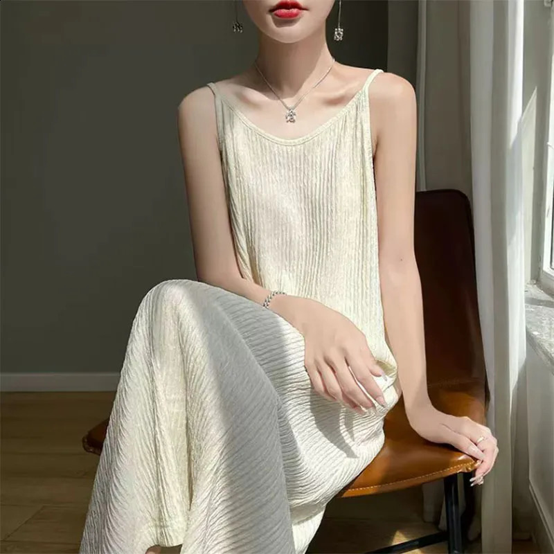 Womens spaghetti strap dress 2025 summer solid color loose long beach sun lace elegant sleeveless party midi 250411