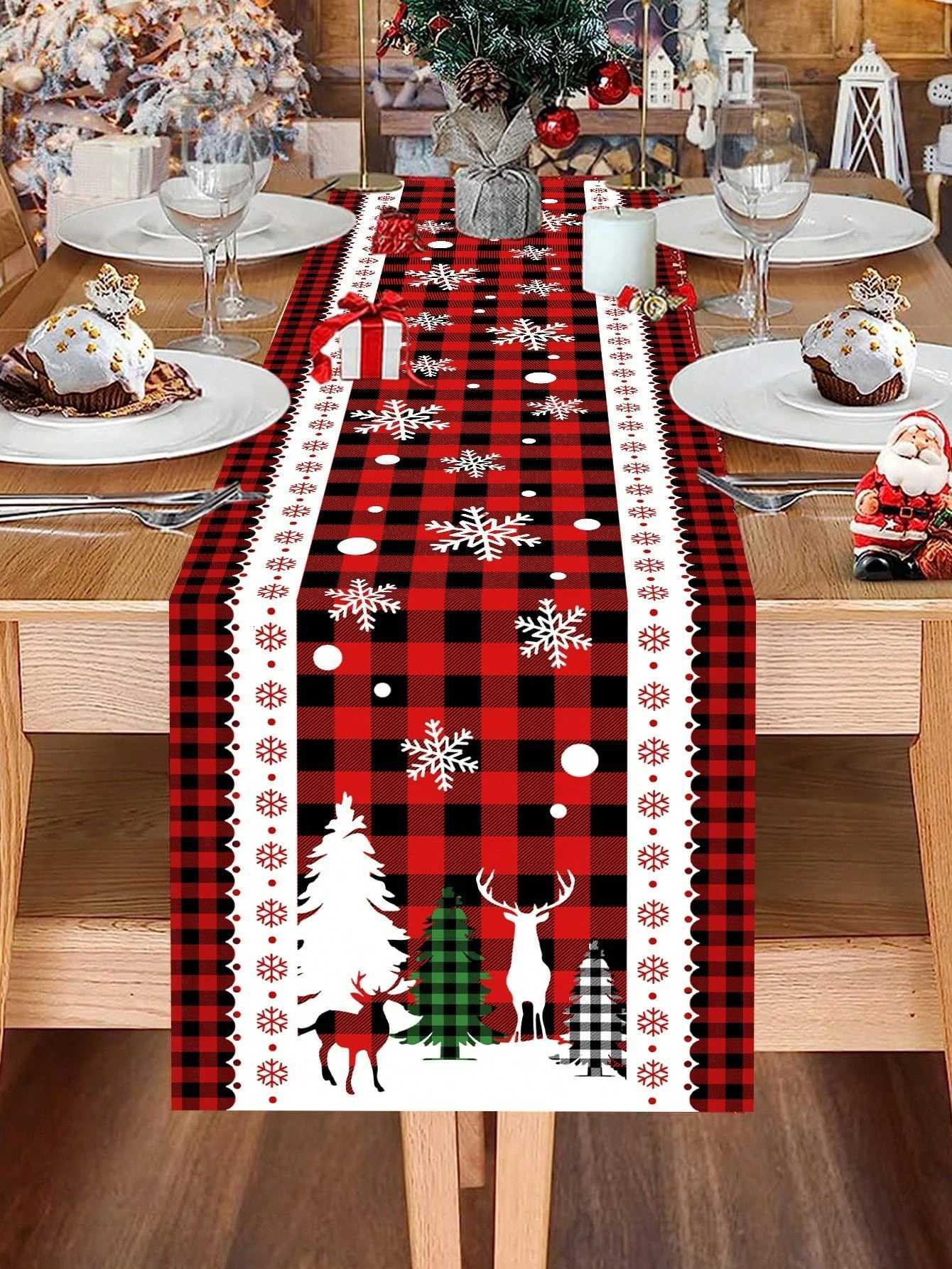 Christmas JIT Plaid Christmas Table Runner Snowflake Deer Patterned for Holiday Dining Table Decoration Warm Festive Home Decor Quality Y251113