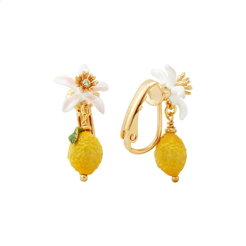 Arrival Temperament Niche n Enamel Ins Style Cute Open Lemon Flower Stud Earrings Ear Clip Natural Pearl Hook Earrings 250411