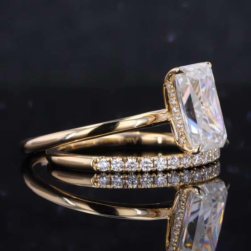 Starsgem 14k Yellow Solid Gold Radiant Crushed Ice Moissanite Ring with Hidden halo Eternity Band Ring Set