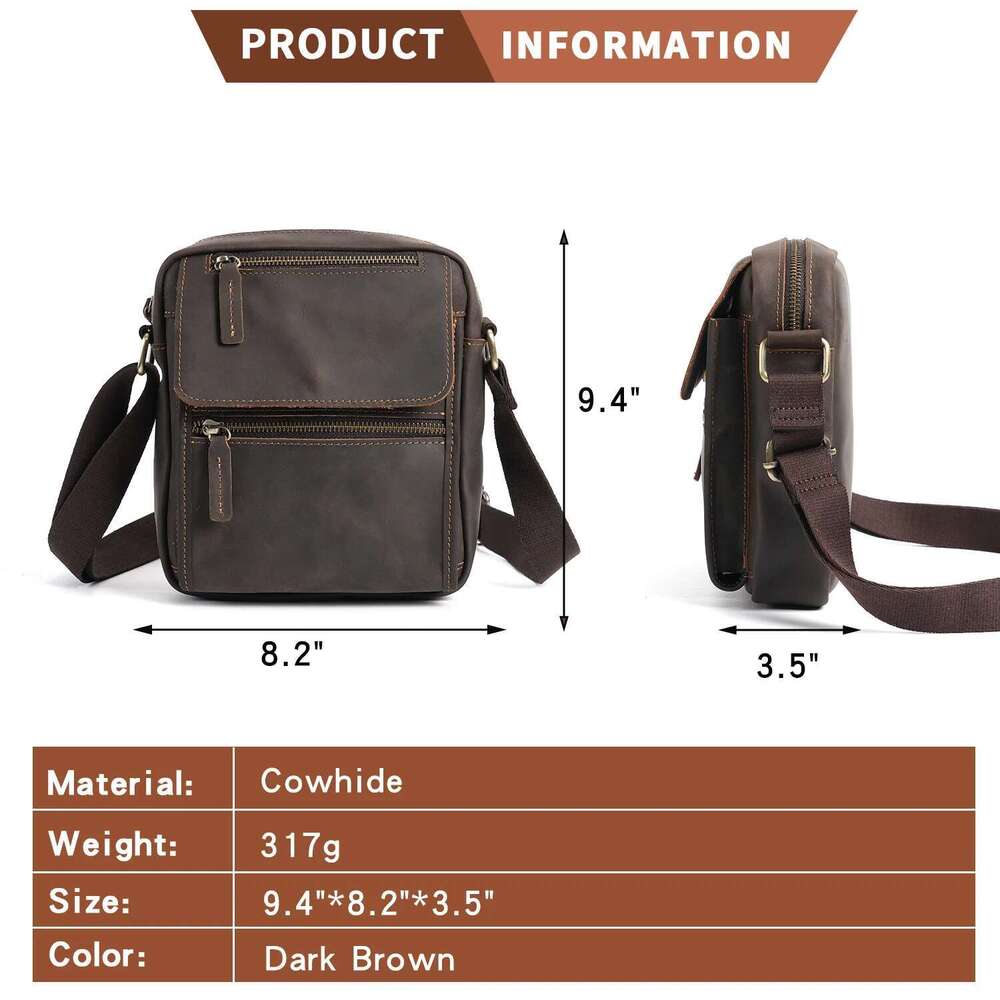 YATBEST Men's Large Capacity Multi Pocket Leather Single Shoulder Crossbody Commuter Retro Travel Bag