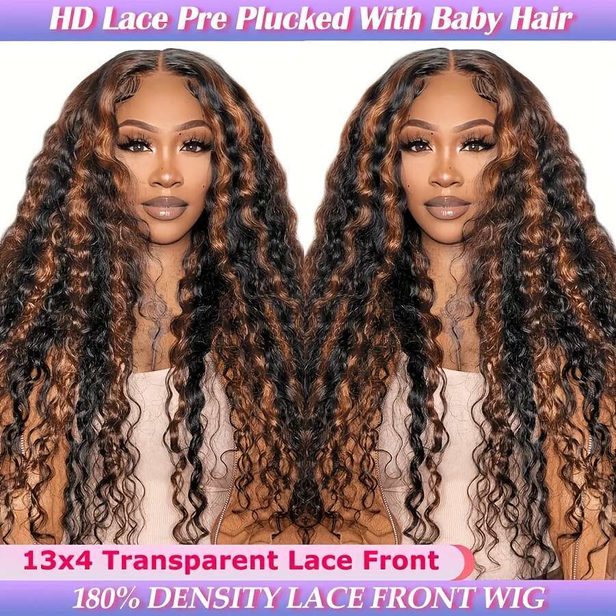 Halloween Highlight Front 1B/30 Black And Brown Deep Wave Glueless Cut 13X4 HD Lace Frontal Wig Human Pre Plucked With Baby Hair 180% Density Party Wi